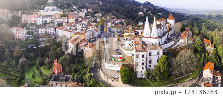 Portugal travel and landmarks. National Palace of Sintra town, unesco heritage site. Aerial drone  high angle panoramic view 123136263