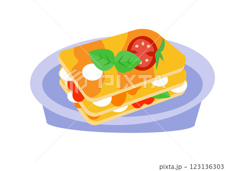 Lasagna with tomatoes and basil on a plate. Food and traditional cuisine, Italy. Symbols and isolated vector illustration on white background.  123136303