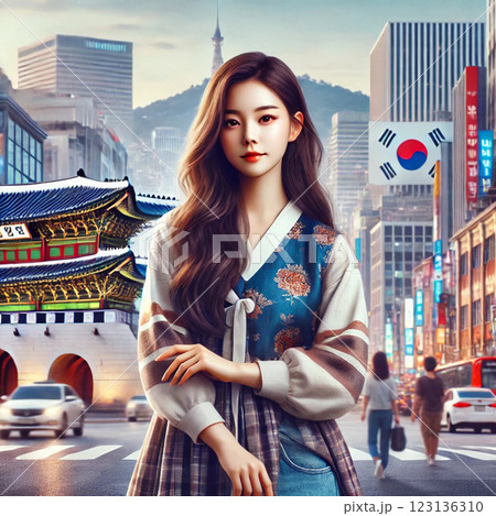 カジュアルな現代韓国ファッションか伝統的な韓服を着た美しい韓国人女性 カジュアルな現代韓国ファッションか伝統的な韓服を着た美しい韓国人女性 123136310