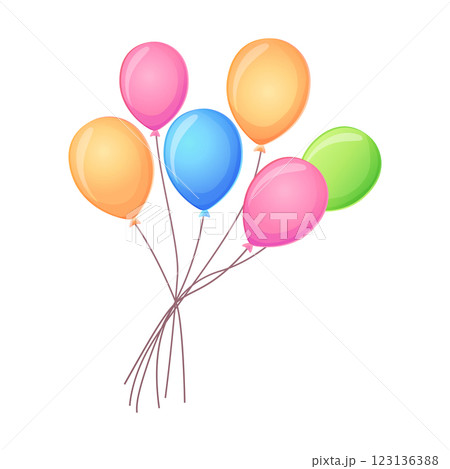 A small bundle of colorful helium balloons tied together with strings, creating a light and festive look. Isolated on a white background. A small bundle of colorful helium balloons tied together with strings, creating a light and festive look. Isolated on a white background. 123136388