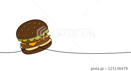 Bun burger one line colored continuous drawing. Traditional American fast food. 123136479