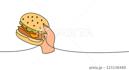 Hand holding a hamburger one line colored continuous drawing. Traditional American fast food. Hand holding a hamburger one line colored continuous drawing. Traditional American fast food. 123136489