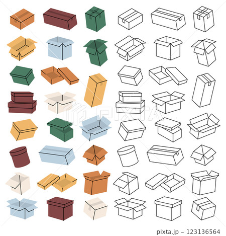 Delivery boxes in vertical banner. Package cardboard boxes. Present gift boxes. Vector illustration. 123136564