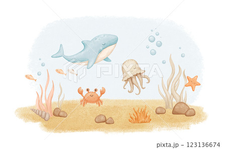 Underwater world scene, ocean floor marine life. Watercolor illustration 123136674