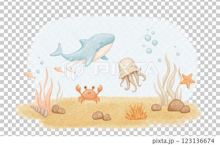 Underwater world scene, ocean floor marine life. Watercolor illustration 123136674