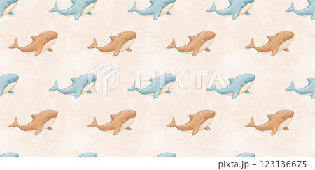 Seamless pattern with cute baby whale, watercolor hand drawn isolated repeating design on white for kids 123136675