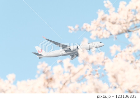桜の上空を飛ぶ飛行機 – 春と旅の瞬間 桜の上空を飛ぶ飛行機 – 春と旅の瞬間 123136835