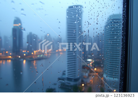 Raindrops on the window, blurred city in the background 123136923