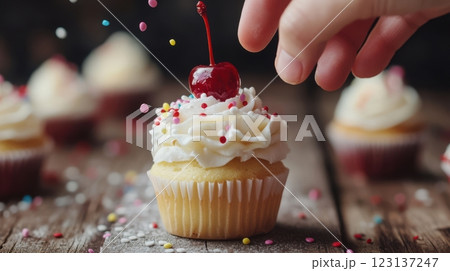 Hand reaching for vanilla cupcake with pink frosting and glossy red cherry, sprinkles falling mid-air in soft natural light, cupcake on rustic wooden surface with blurred background of more cupcakes,  123137247