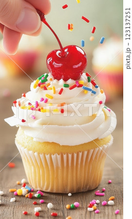Hand reaching for vanilla cupcake with pink frosting and glossy red cherry, sprinkles falling mid-air in soft natural light, cupcake on rustic wooden surface with blurred background of more cupcakes,  123137251
