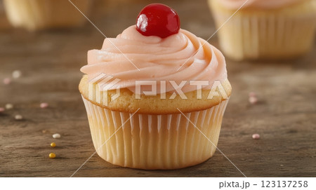 Golden vanilla cupcake with soft pink frosting, topped with a glossy red cherry and colorful sprinkles, placed on rustic wooden surface with scattered sprinkles, blurred background with more cupcakes, Golden vanilla cupcake with soft pink frosting, topped with a glossy red cherry and colorful sprinkles, placed on rustic wooden surface with scattered sprinkles, blurred background with more cupcakes, 123137258
