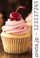 Vanilla cupcake with deep pink frosting and glossy red cherry, moody lighting enhancing golden cake crumb, placed on dark textured wooden backdrop with scattered colorful sprinkles, blurred background 123137265