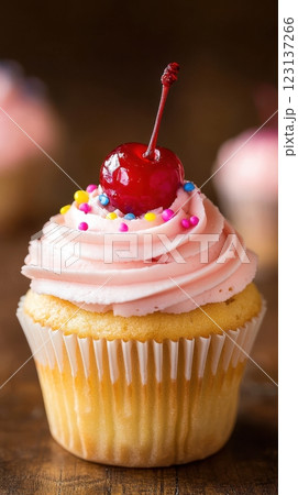 Vanilla cupcake with deep pink frosting and glossy red cherry, moody lighting enhancing golden cake crumb, placed on dark textured wooden backdrop with scattered colorful sprinkles, blurred background 123137266