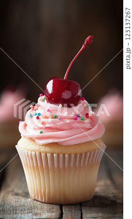 Vanilla cupcake with deep pink frosting and glossy red cherry, moody lighting enhancing golden cake crumb, placed on dark textured wooden backdrop with scattered colorful sprinkles, blurred background 123137267