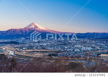 【静岡県】三島市の街並みと富士山　夜明け 123137491