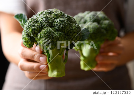 Organic raw broccoli holding by hand, Fresh vegetables, Healthy food ingredient Organic raw broccoli holding by hand, Fresh vegetables, Healthy food ingredient 123137530