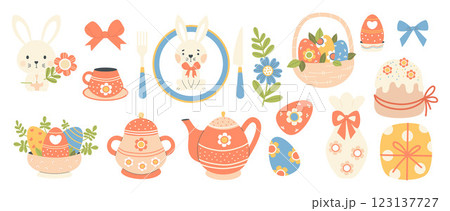 Easter spring decoration set. Cute holiday bunny with flower, paschal eggs, tableware teapot, cups, sugar bowl, food, vase and gift. Isolated festive party elements. Vector illustration 123137727