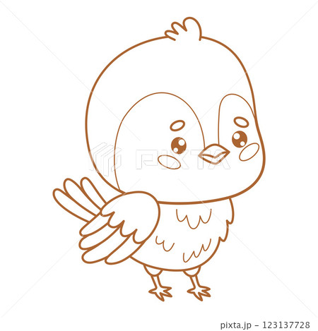 Outline little bird tit. Funny cartoon character chickadee. Line drawing, coloring book. Vector illustration. Kids collection 123137728