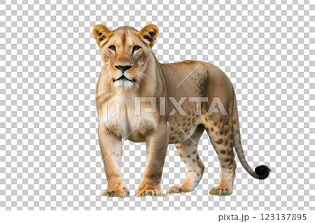 PNG Lioness with trees wildlife exposure animal.  123137895