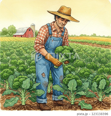 ブロッコリーの収穫をするおじさん 123138396