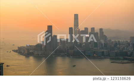 Jan 5 2025 Hong Kong City Skyline at Sunset Overlooking Serene Waterfront 123138626