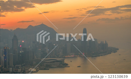 Sunset Over a City Skyline With Mountains at Hong Kong Jan 5 2025 123138639