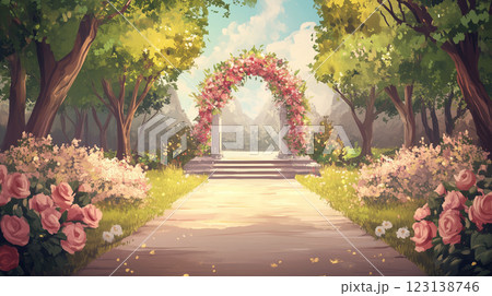 花に囲まれたウェディングアーチ 123138746