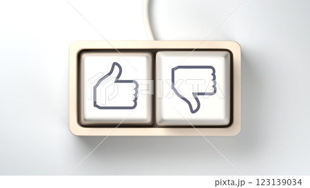 These keys symbolize social media engagement, user feedback, opinions, online interactions, approval or disapproval. A close-up of a computer keyboard featuring two buttons: Like and "Dislike. These keys symbolize social media engagement, user feedback, opinions, online interactions, approval or disapproval. A close-up of a computer keyboard featuring two buttons: Like and "Dislike. 123139034