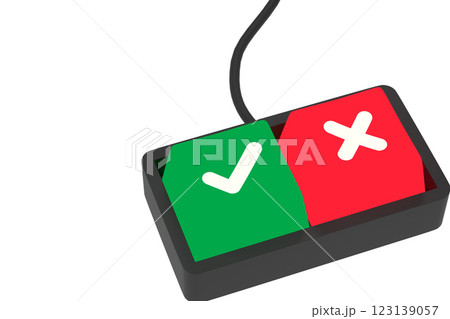 Keyboard with keys - check mark and cross. Choice, vote, survey or approval concept. 3d rendering. Green and red buttons on the keyboard. 123139057