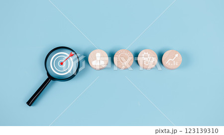 Business goals and objective concepts, Goal and target, Success and business target concept, Project management, Company strategy, Magnifying glass focus to target objective with icon action plan. 123139310
