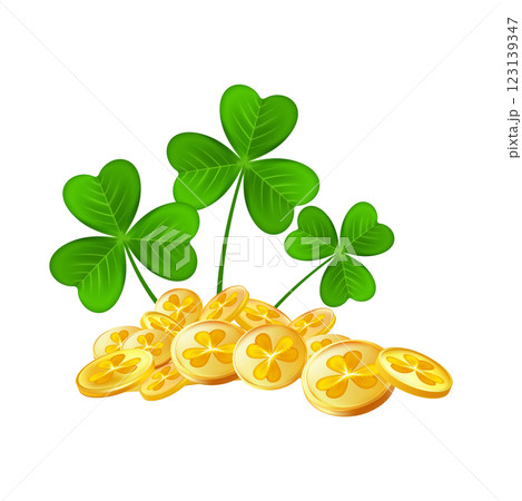 Realistic shamrock gold coin. Trefoil leprechaun money. Realistic shamrock gold coin. Trefoil leprechaun money. 123139347