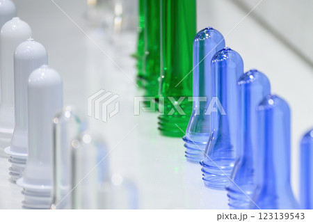 Close up scene of group of preform shape of PET bottle products. Close up scene of group of preform shape of PET bottle products. 123139543