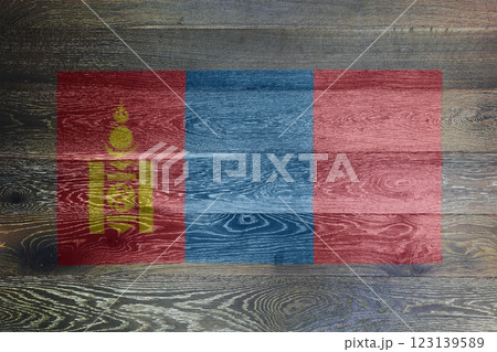 Mongolia flag on rustic old wood surface background 123139589