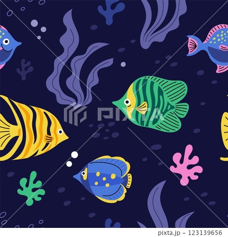 Exotic fish seamless pattern. Tropical inhabitants of coral reefs. Seas and oceans underwater life. Repeated print. Seawater aquaculture. Aquarium goldfish. Garish vector background Exotic fish seamless pattern. Tropical inhabitants of coral reefs. Seas and oceans underwater life. Repeated print. Seawater aquaculture. Aquarium goldfish. Garish vector background 123139656