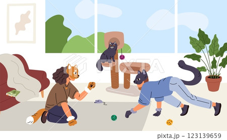 Funny quadroblasts playing in home living room. Pets imitation. Modern teens subculture. Animal cosplay. People with cat masks and tails. Wildlife imitate game. Garish vector concept 123139659