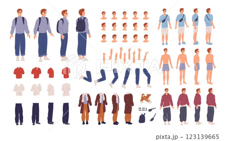 Male character kit. Man body parts constructor. Different poses. Various face emotion expressions. Casual clothes. Limb positions. Avatar generator. Apparel accessory. Garish vector set 123139665
