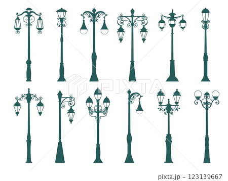 Old lanterns silhouettes. Vintage decorative street lamps. Retro lights. Town streetlights. Outdoor classic illumination. Electric lampposts. Urban landscape elements. Splendid vector set 123139667