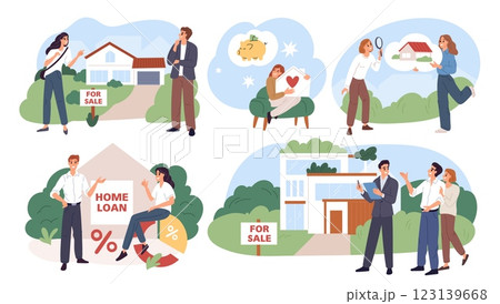 People take out loan for real estate. Mortgage credit. Residential building. Persons buy apartment. Housing purchase. Realtors sell property. Conclusion of contracts. Garish vector set 123139668