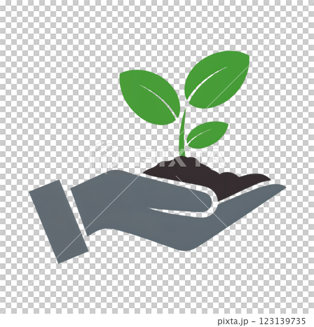 Vector icon with a silhouette of a hand holding a plant sprout with leaves emerging from the ground. Symbol of care for nature, ecology, growth and sustainable development. 123139735