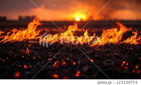 Burning dry grass in a field at sunset with glowing embers and rising smoke. 123139753