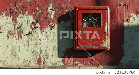 Red safety container with a breakable glass for emergency situations attached to a wall Red safety container with a breakable glass for emergency situations attached to a wall 123139764