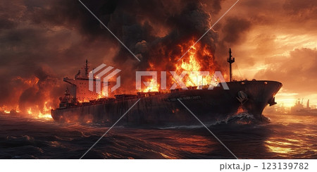 A large cargo ship caught fire and exploded at sea, dangerous maritime accident with flames 123139782