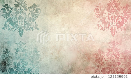 Vintage Floral Wallpaper Texture in Soft Pink and Blue Tones with Distressed Background and Elegant Design 123139991