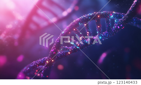 A close up of a DNA strand with a blue and red hue. The strand is surrounded by a blurry background	 123140433