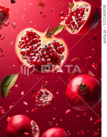 poster with cut pomegranate on red background 123140436