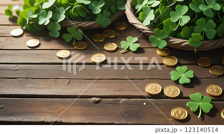 Green shamrock leaves and gold coins on rustic wood. Space for text. 123140514