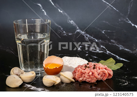 Ingredients for making meat dumplings on dark background, closeup Ingredients for making meat dumplings on dark background, closeup 123140575
