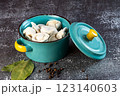 Meat dumplings - russian pelmeni in a bowl on a dark background 123140603