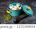 Meat dumplings - russian pelmeni in a bowl on a dark background 123140604