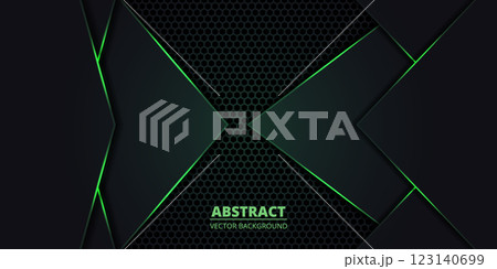 Dark abstract background with hexagon grid and green luminous lines and arrow shapes. 123140699